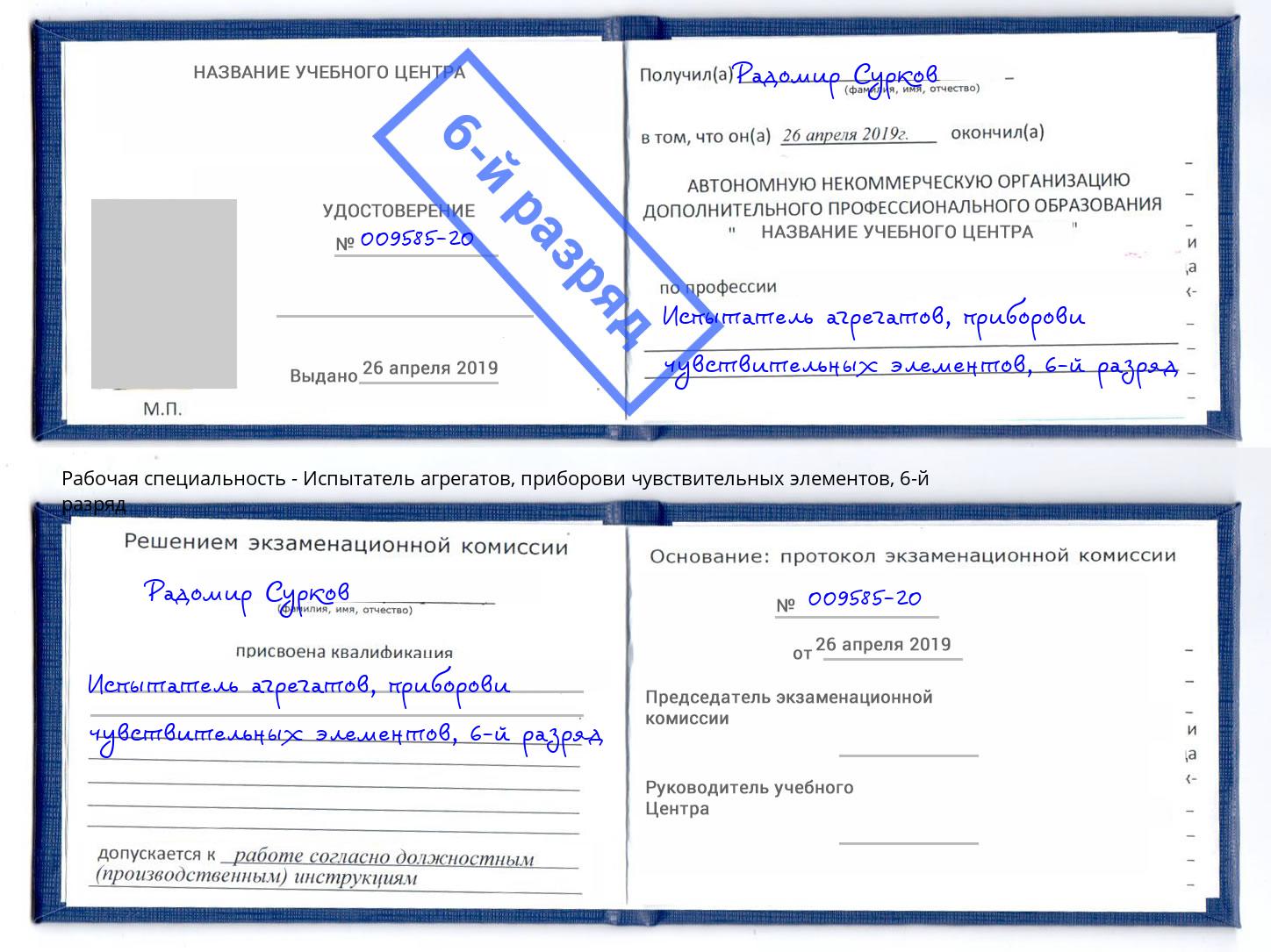 корочка 6-й разряд Испытатель агрегатов, приборови чувствительных элементов Светлоград