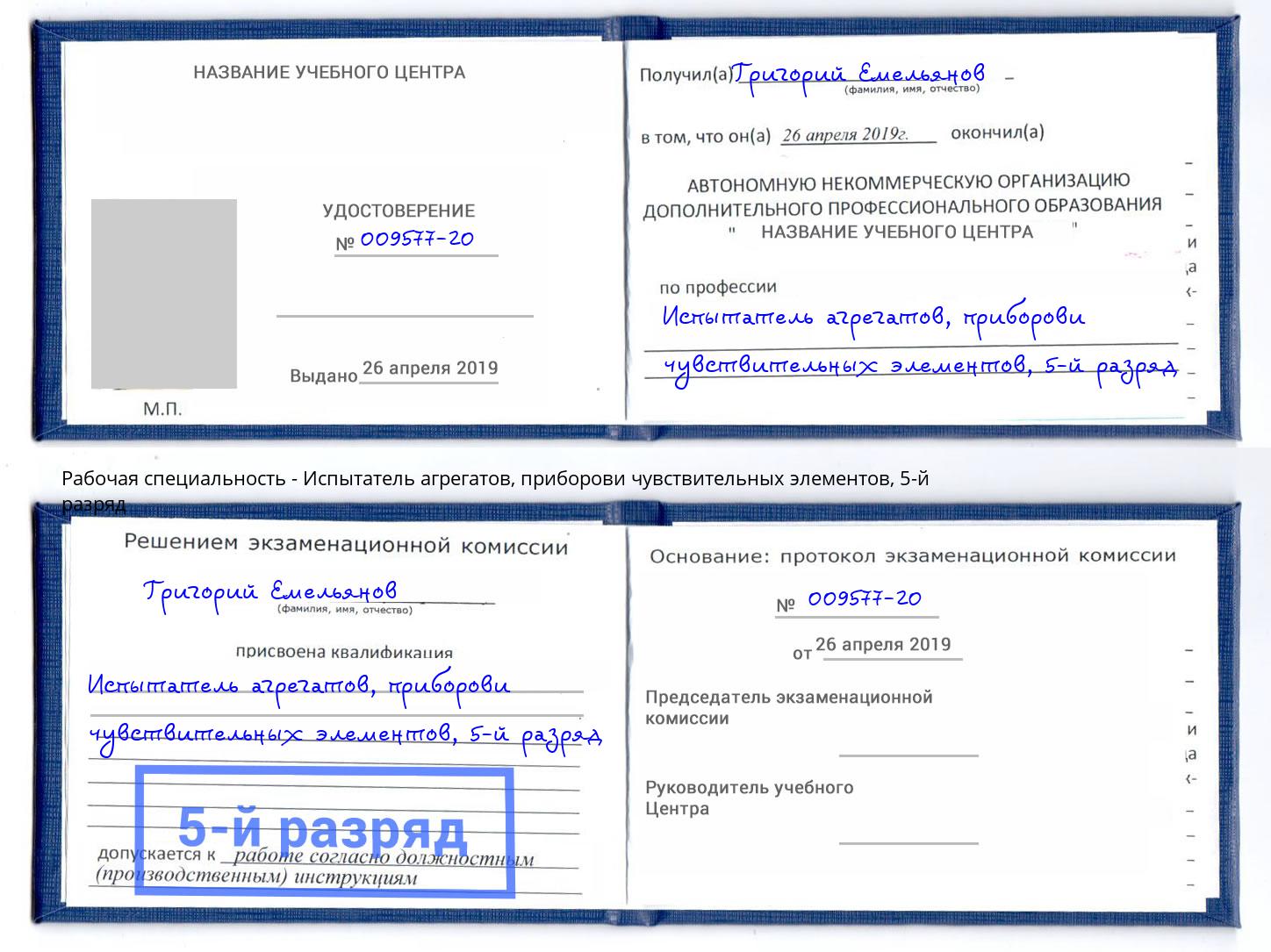 корочка 5-й разряд Испытатель агрегатов, приборови чувствительных элементов Светлоград