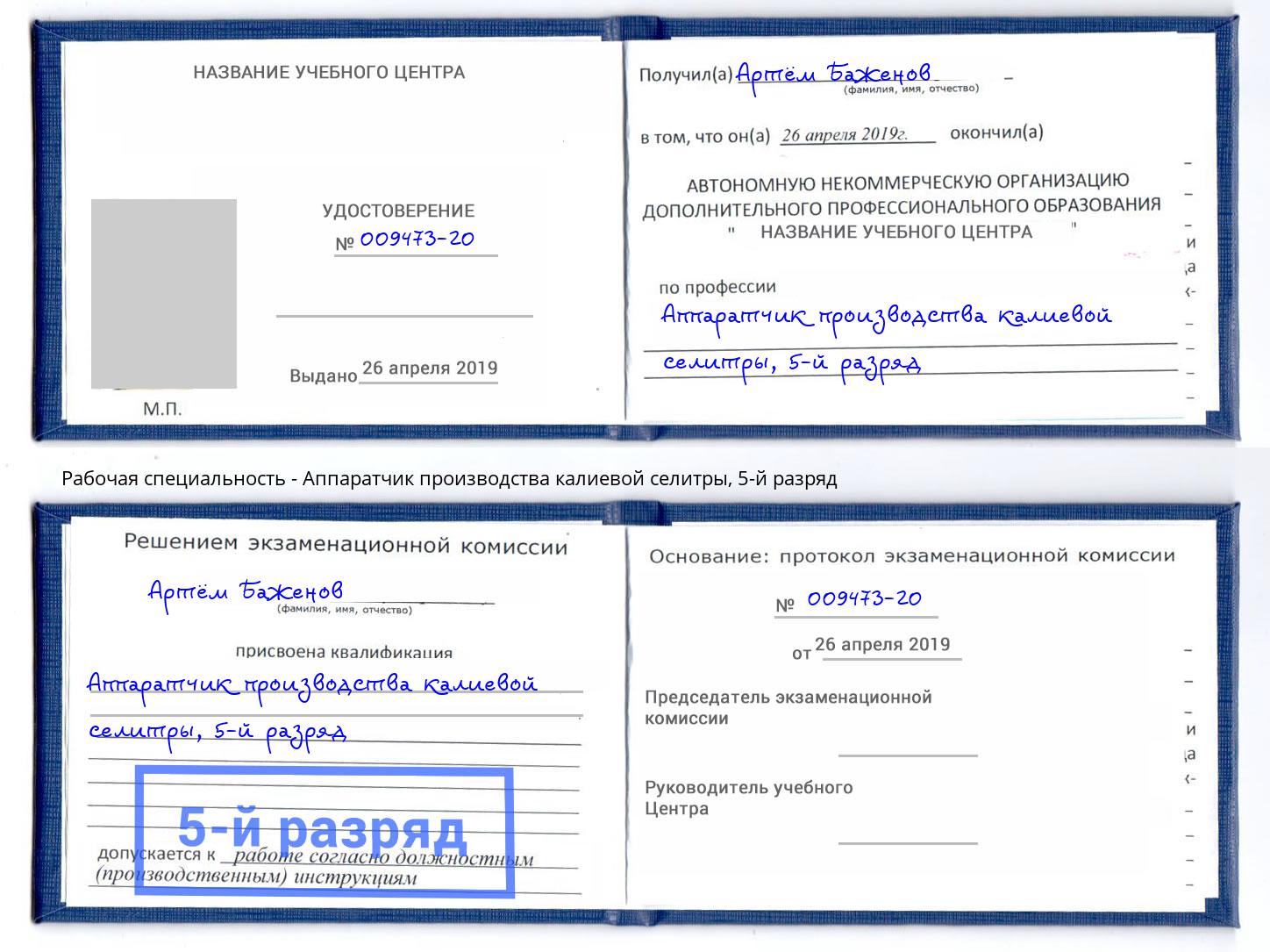корочка 5-й разряд Аппаратчик производства калиевой селитры Светлоград