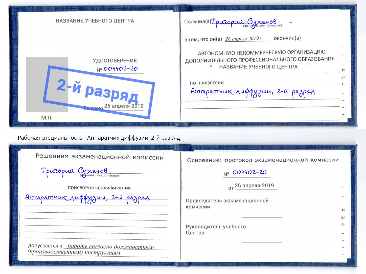корочка 2-й разряд Аппаратчик диффузии Светлоград
